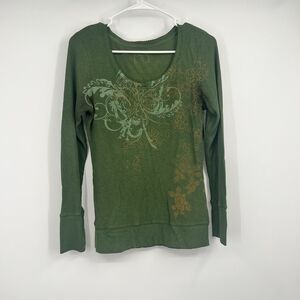 Y2K Green Long Sleeve Waffle Knit Shirt Tunic Large Graphic